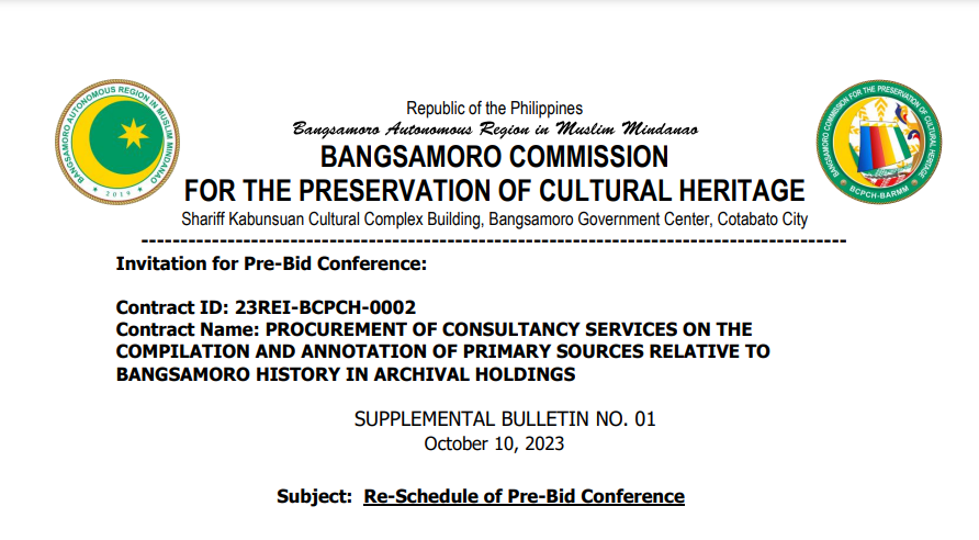 PROCUREMENT OF CONSULTANCY SERVICES ON THE COMPILATION AND ANNOTATION OF PRIMARY SOURCES RELATIVE TO BANGSAMORO HISTORY IN ARCHIVAL HOLDINGS